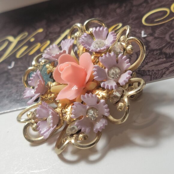 Antique Brooch Christian Peach Rose and a Cross says Protect us - Picture 2 of 9